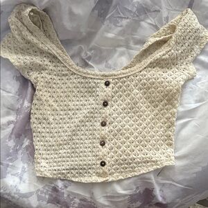 Cream Cropped Knit Top with Button Detail